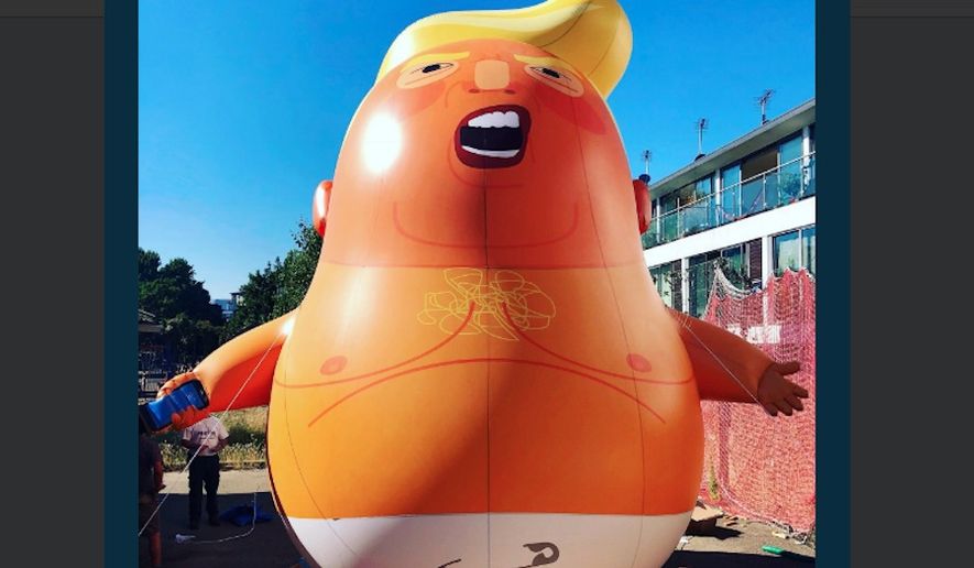 An inflatable blimp depicting President Trump as a fat, whining baby has been approved by London Mayor Sadiq Khan to fly over Parliament during the U.S. president's upcoming visit to the U.K. (Twitter/@TrumpBabyUK)