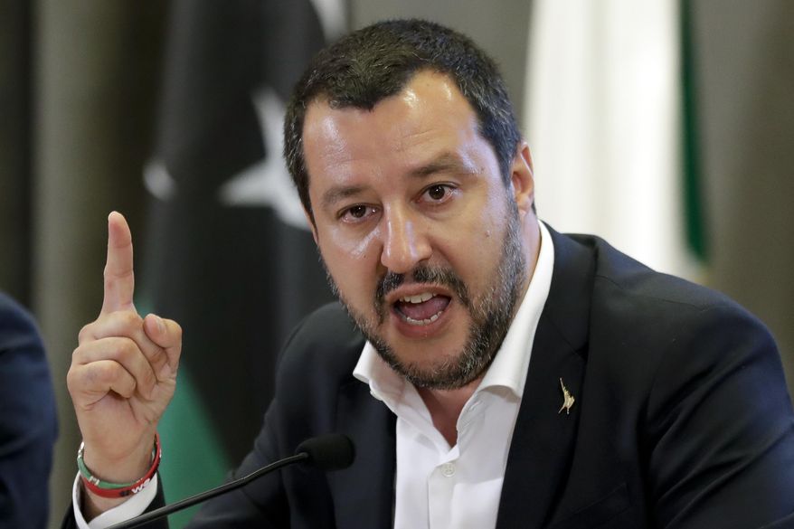 Italian Interior Minister Matteo Salvini makes a point during a joint press conference with Vice President of Libyan Parliamentary Council Ahmed Maitig, in Rome, Thursday, July 5, 2018. Italy’s anti-migrant interior minister wants tighter criteria applied for granting humanitarian protection to migrants rescued at sea. (AP Photo/Andrew Medichini)