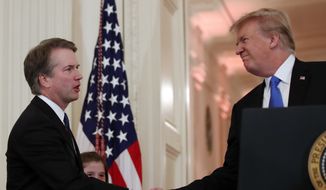 President Donald Trump shakes hands with Judge Brett Kavanaugh his Supreme Court nominee, in the East Room of the White House, Monday, July 9, 2018, in Washington. (AP Photo/Alex Brandon) ** FILE **