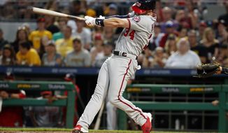 Washington Nationals&#x27; Bryce Harper hits a solo home run off Pittsburgh Pirates starting pitcher Ivan Nova in the sixth inning of a baseball game in Pittsburgh, Monday, July 9, 2018. (AP Photo/Gene J. Puskar) ** FILE **