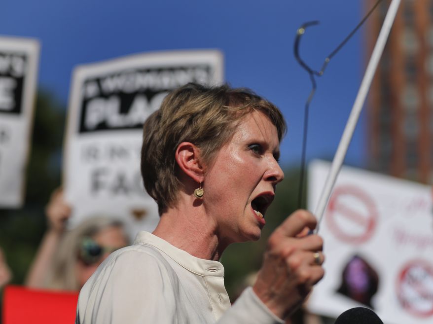 New York gubernatorial candidate Cynthia Nixon speaks during a pro-choice rally, Tuesday, July 10, 2018, in New York. Many Democrats and abortion-rights supporters believe a new conservative justice could tilt the court in favor of overturning Roe v. Wade. (AP Photo/Julie Jacobson) ** FILE **