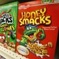 Hold for Business Photo: Boxes of Kellogg&#39;s Froot Loops, Corn Pops, Apple Jacks, and Honey Smacks sit on the shelf of a Mt. Lebanon, Pa., grocery store Friday, June 25, 2010. (AP Photo/Gene J. Puskar)