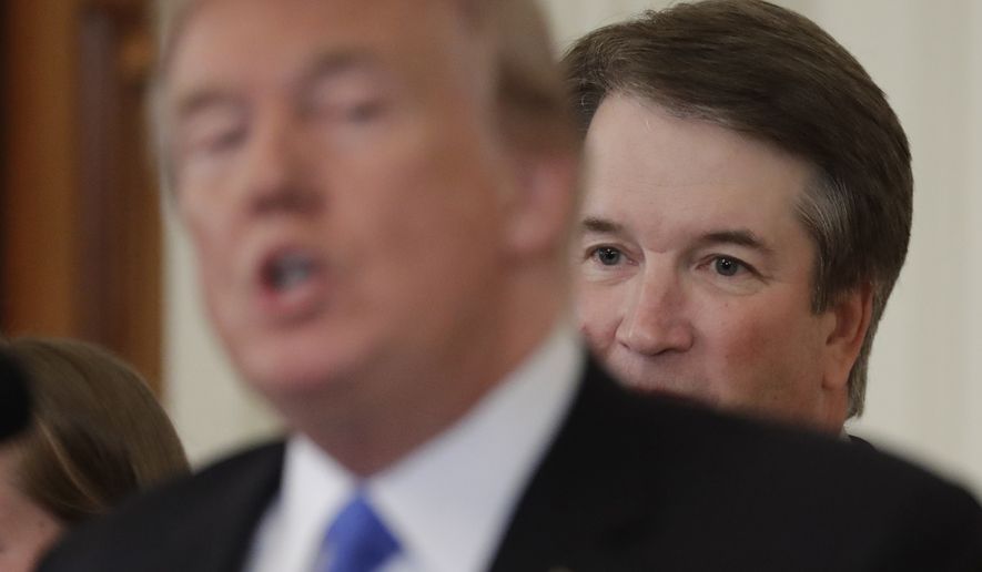 In this July 9, 2018, photo, President Donald Trump speaks as Judge Brett Kavanaugh his Supreme Court nominee, listens in the East Room of the White House in Washington. Trump made his second Supreme Court pick this week. Unless a justice dies, Trump has likely picked his last justice. Trump has speculated that he could appoint a majority of the nine-member court. But it has been three decades since a president has been able to name more than two justices to their life-tenured posts. (AP Photo/Evan Vucci)