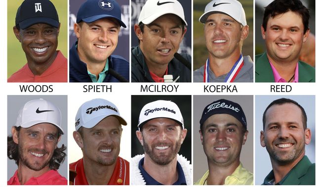 FILE - Top row from left are Tiger Woods, Jordan Spieth, Rory McIlroy, Brooks Koepka and Patrick Reed. Bottom from left are Tommy Fleetwood, Justin Rose, Dustin Johnson, Justin Thomas and Sergio Garcia.All are expected to compete in the British Open golf tournament next week. (AP Photo/File)