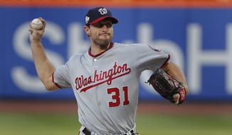 Washington Nationals starting pitcher Max Scherzer delivers against the New York Mets during the first inning of a baseball game Thursday, July 12, 2018, in New York.(AP Photo/Julie Jacobson)