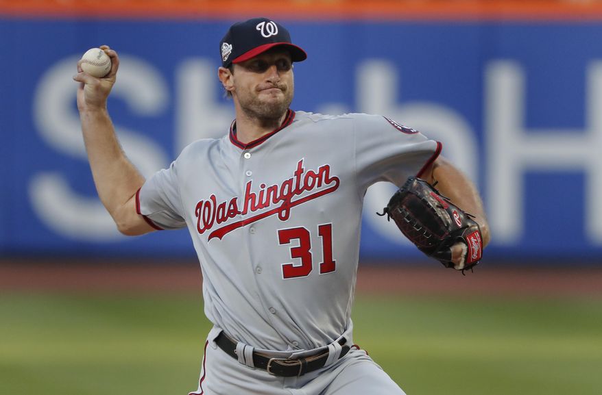 Washington Nationals starting pitcher Max Scherzer delivers against the New York Mets during the first inning of a baseball game Thursday, July 12, 2018, in New York.(AP Photo/Julie Jacobson)