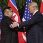 In this Tuesday, June 12, 2018, file photo, U.S. President Donald Trump shakes hands with North Korea leader Kim Jong-un at the Capella resort on Sentosa Island in Singapore. (AP Photo/Evan Vucci, File)