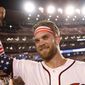Washington Nationals Bryce Harper celebrates his winning hit after the Major League Baseball Home Run Derby, Monday, July 16, 2018 in Washington.(AP Photo/Patrick Semansky) **FILE**