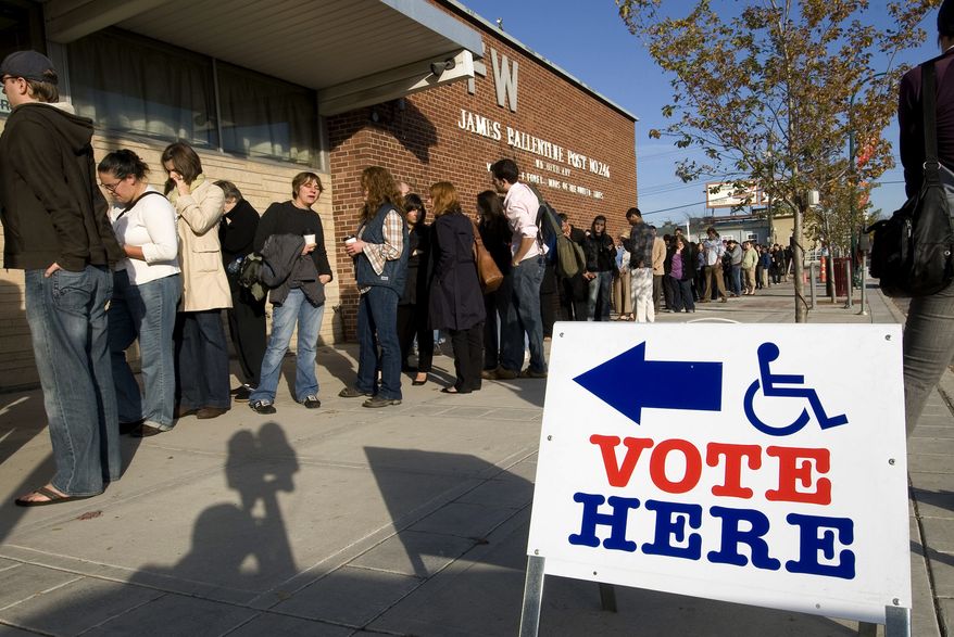 This Nov. 4, 2008, photo provided by MinnPost shows young voters waiting to cast ballots at a polling place in Minneapolis. If millennials, currently ages 22 to 37, vote this year, they could help sway the outcome of several different elections in Minnesota. November's election is projected to be the country's first in which there are more millennials eligible to vote than baby boomers. (Bill Kelley/MinnPost via AP)