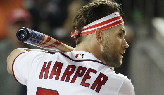 Washington Nationals Bryce Harper (34) waits for his pitch during the MLB Home Run Derby, at Nationals Park, Monday, July 16, 2018 in Washington. The 89th MLB baseball All-Star Game will be played Tuesday. (AP Photo/Alex Brandon) ** FILE **
