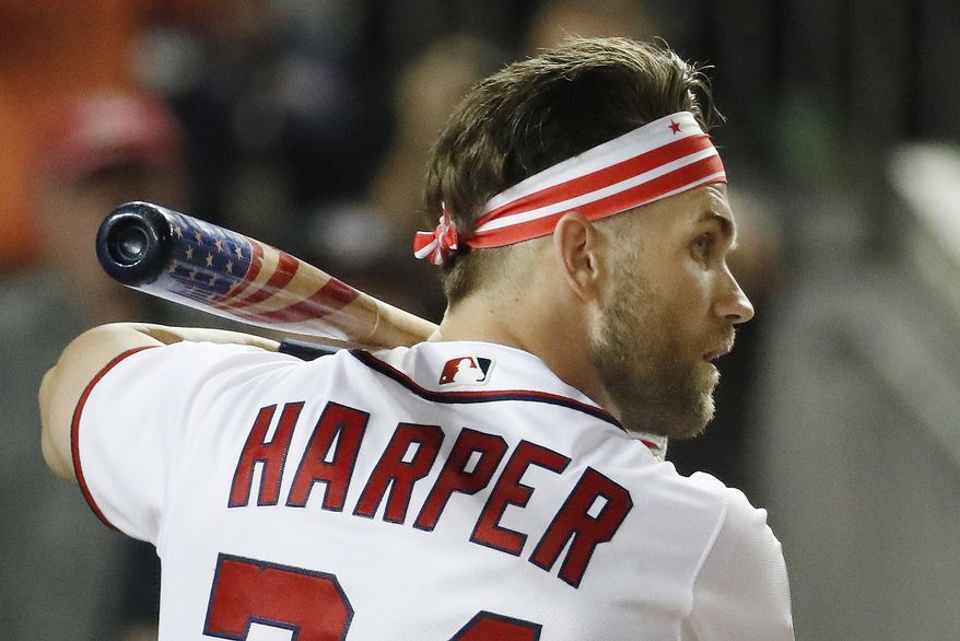 Washington Nationals Bryce Harper (34) waits for his pitch during the MLB Home Run Derby, at Nationals Park, Monday, July 16, 2018 in Washington. The 89th MLB baseball All-Star Game will be played Tuesday. (AP Photo/Alex Brandon) ** FILE **