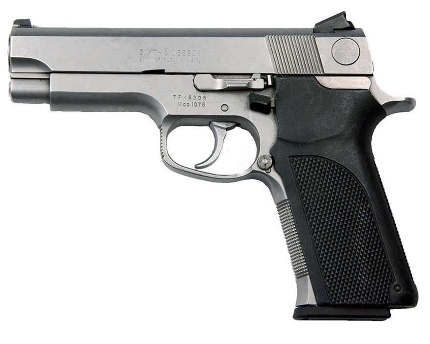 The Smith & Wesson Model 1006 is a recoil operated double-action/single-action semi-automatic handgun chambered in the 10mm Auto cartridge. It is constructed entirely of stainless steel, a 5 in (127 mm) barrel and a 9-round single column magazine. Its safety is a slide mounted de-cock/safety, internal safeties are a magazine disconnect and firing pin block. It is available with fixed or adjustable sights. The model 1006 was the first in the S&W 1000 series of third generation semi-automatic handguns. Variations include the models 1026, 1046, 1066, 1076 (FBI model) and 1086. The 1000 series were some of the most robust, sturdy 10mm handguns ever built, easily handling the power of this potent cartridge.