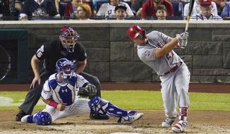 Los Angeles Angels of Anaheim outfielder Mike Trout (27) hits a solo home run in the third inning during the 89th MLB baseball All-Star Game, Tuesday, July 17, 2018, at Nationals Park, in Washington. (AP Photo/Carolyn Kaster) **FILE**
