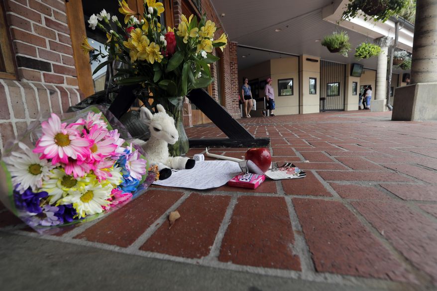 REMOVES NUMBER OF FOXES ATTACKED - A makeshift memorial is seen outside the Audubon Zoo in New Orleans, Monday, July 16, 2018. The death of a wounded fox brings to nine the number of animals that have died as the result of the weekend escape of a jaguar from its enclosure at the zoo in New Orleans. Audubon Zoo officials say on the zoo's website that Rusty, one of the foxes attacked by the big cat, died Monday. (AP Photo/Gerald Herbert)