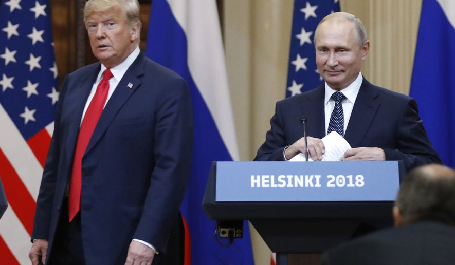 In this July 16, 2018, file photo, U.S. President Donald Trump, left, and Russian President Vladimir Putin arrive for a press conference after their meeting at the Presidential Palace in Helsinki, Finland. If Donald Trump is serious about his public courtship of Vladimir Putin, he may want to take pointers from one of the Russian leader's longtime suitors: Chinese President Xi Jinping. In this political love triangle, Putin and Xi are tied by strategic need and a rare dose of personal affection, while Trump's effusive display in Helsinki showed him as an earnest admirer of the man leading a country long considered America's adversary. (AP Photo/Alexander Zemlianichenko, File)