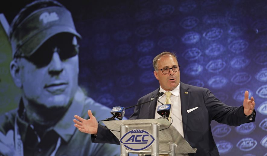 Pittsburgh head coach Pat Narduzzi answers a question during a news conference at the NCAA Atlantic Coast Conference college football media day in Charlotte, N.C., Wednesday, July 18, 2018. (AP Photo/Chuck Burton)