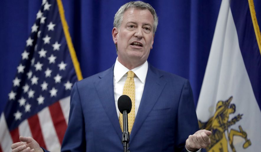 New York City Mayor Bill De Blasio speaks during a news conference announcing a proposed ordinance to provide low income residents with access to free legal representation in landlord-tenant disputes, Tuesday, May 1, 2018, in Newark, N.J. (AP Photo/Julio Cortez) **FILE**