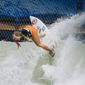 Bethany Hamilton rides a wave at the WSL Surf Ranch on Wednesday, July 18, 2018, in Lemoore, Calif. Hamilton is back on her surfboard four months after giving birth to her second son, and has earned a wildcard spot in the first Surf Ranch Pro in September. Now 28, Hamilton lost her left arm to a tiger shark at age 13. (Poor Boyz Productions via AP)