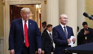 In this July 16, 20198, photo, U.S. President Donald Trump, left, and Russian President Vladimir Putin arrive for a news conference at the Presidential Palace in Helsinki, Finland. Trump has asked national security adviser John Bolton to invite Putin to Washington in the fall. That&#39;s the latest update Thursday from White House press secretary Sarah Huckabee Sanders following Trump&#39;s meeting with Putin earlier this week in Finland. (AP Photo/Pablo Martinez Monsivais)