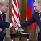 In this July 16, 2018, photo, U.S. President Donald Trump, left, and Russian President Vladimir Putin, right, shake hands at the beginning of a meeting at the Presidential Palace in Helsinki, Finland. Trump and Putin may have reached several historic agreements at their summit in Finland this week. Or, they may not have. Three days later no one is quite sure. With no details emerging from the leaders’ one-on-one discussion on Monday other than the vague outline they offered themselves, officials, lawmakers and the public in the United States in particular are wondering what, if anything, was actually agreed to. (AP Photo/Pablo Martinez Monsivais)