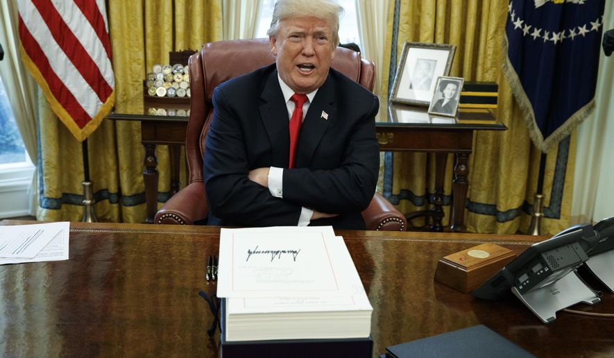 FILE - In this Dec. 22, 2017, file photo, President Donald Trump speaks with reporters after signing the tax bill and continuing resolution to fund the government, in the Oval Office of the White House in Washington. Two California Democrats are re-introducing legislation that would require presidential candidates to release their tax returns before they appear on the ballot in the largest U.S. state. The bill is aimed at forcing President Donald Trump to release his tax returns if he runs for re-election in 2020 and to ensure future candidates will reveal theirs. (AP Photo/Evan Vucci, File)