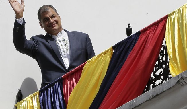 FILE - In this May 22, 2017 file photo, Ecuador&#x27;s then President Rafael Correa waves to supporters from a government palace balcony before attending his last Changing of Guard ceremony, in Quito, Ecuador. Former President Correa is asking for international protection after a judge ordered he be jailed for missing a court date. Correa appealed to the Inter-American Commission on Human Rights on Friday, July 20, for protection, saying he’s in grave danger from the criminal prosecution. (AP Photo/Dolores Ochoa, File)