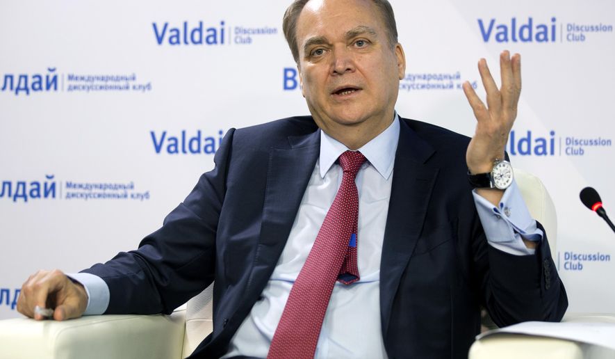 Anatoly Antonov, Russian ambassador to the U.S. gestures while speaking during a round-table discussion on the Trump-Putin summit in Helsinki in Moscow, Russia, Friday, July 20, 2018.(AP Photo/Alexander Zemlianichenko) ** FILE **