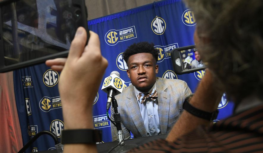 NCAA college football defensive lineman D.J. Wonnum of South Carolina is interviewed during the Southeastern Conference Media Days at the College Football Hall of Fame in Atlanta, Thursday, July 19, 2018. (AP Photo/John Amis)