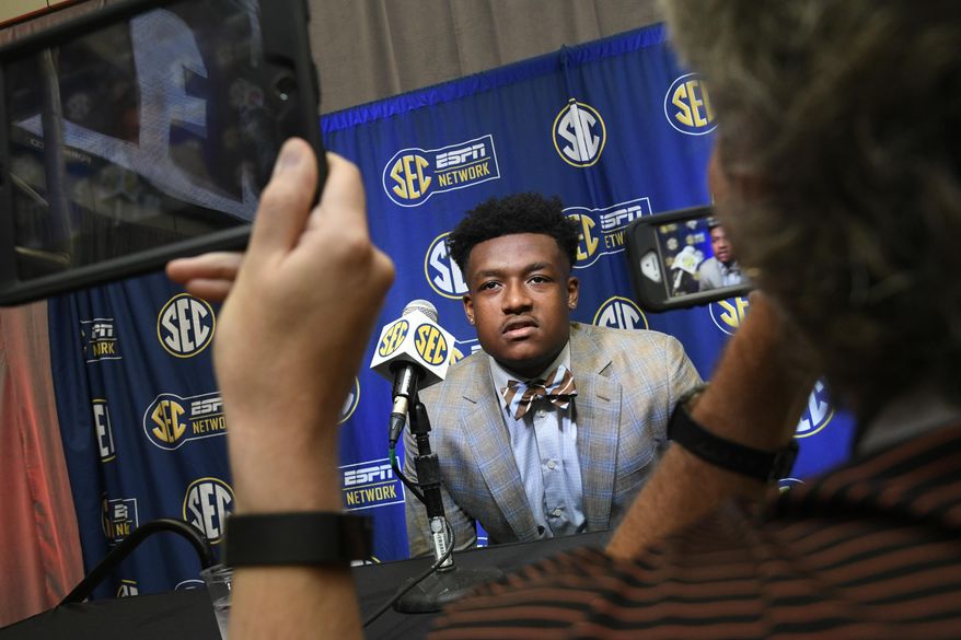 NCAA college football defensive lineman D.J. Wonnum of South Carolina is interviewed during the Southeastern Conference Media Days at the College Football Hall of Fame in Atlanta, Thursday, July 19, 2018. (AP Photo/John Amis)
