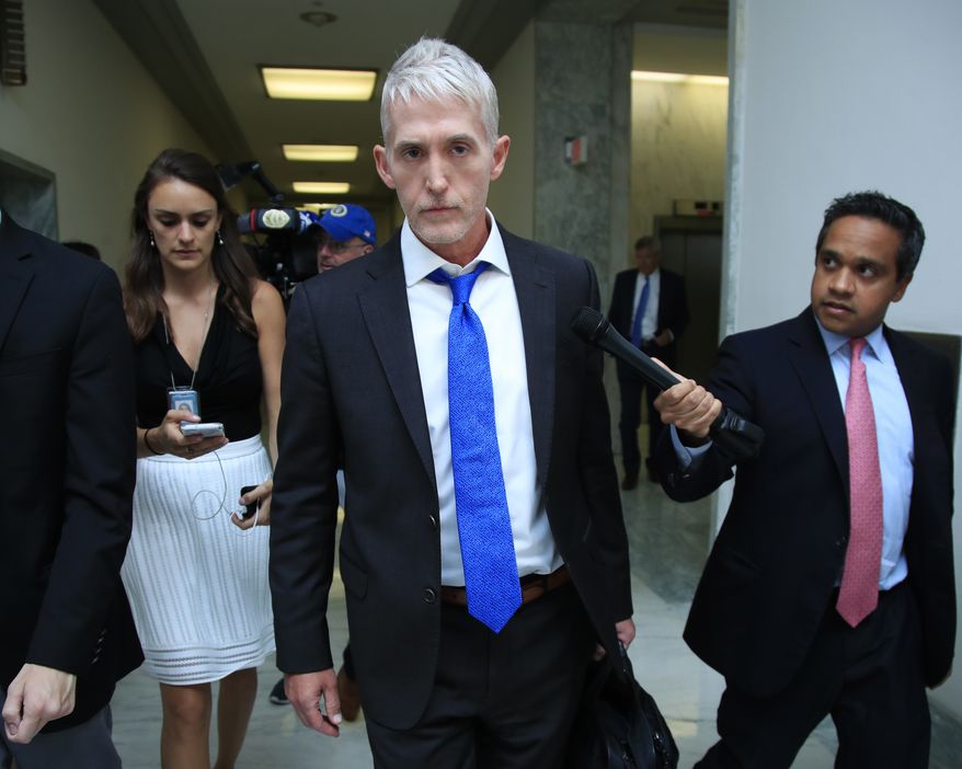 House Judiciary Committee Chairman Rep. Trey Gowdy, R-S.C., leaves a meeting room where the committee is interviewing former FBI lawyer Lisa Page behind closed doors on Capitol Hill in Washington, Friday, July 13, 2018. (AP Photo/Manuel Balce Ceneta)