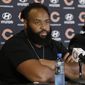 Chicago Bears defensive line Akiem Hicks listens to a question at a news conference during an NFL football training camp in Bourbonnais, Ill., Thursday, July 19, 2018. (AP Photo/Nam Y. Huh)