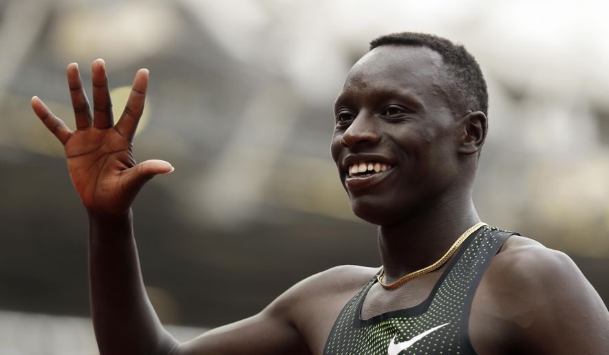 Emmanuel Kipkurui Korir of Kenya reacts after winning the men&#x27;s 800 meters race at the IAAF Diamond League athletics meeting at London Stadium in London, Sunday, July 22, 2018. (AP Photo/Matt Dunham)