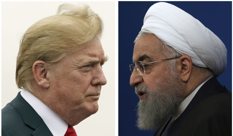 This combination of two pictures shows U.S. President Donald Trump, left, on July 22, 2018, and Iranian President Hassan Rouhani on Feb. 6, 2018. In his latest salvo, Trump tweeted late on Sunday, July 22, that hostile threats from Iran could bring dire consequences. (AP Photo)