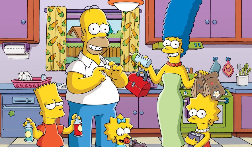 This image released by Fox shows animated characters, from left, Bart, Homer, Maggie, Marge and Lisa from &quot;The Simpsons,&quot; which will premiere its 30th season this fall. (Fox via AP)