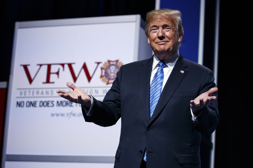 President Donald Trump arrives to speak at the Veteran's of Foreign Wars national convention Tuesday, July 24, 2018, in Kansas City, Mo. (AP Photo/Evan Vucci)