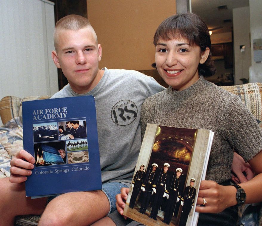 FILE - In this June 1996 file photo, David Graham and fiance Diane Zamora are shown in Fort Worth, Texas after having received appointments to the U.S. Air Force Academy and Naval Academy, respectively. Zamora, a female former Naval Academy midshipman, is currently serving a life sentence for the 1995 slaying of the high school girlfriend of Graham, who was also convicted of murder in the teenage love triangle. The 5th U.S. Circuit Court of Appeals on Monday, July 23, 2018, rejected an appeal by Zamora after a lower court refused her civil rights lawsuit against Texas prison officials. (Robert J. Ruiz/Star-Telegram via AP, File)