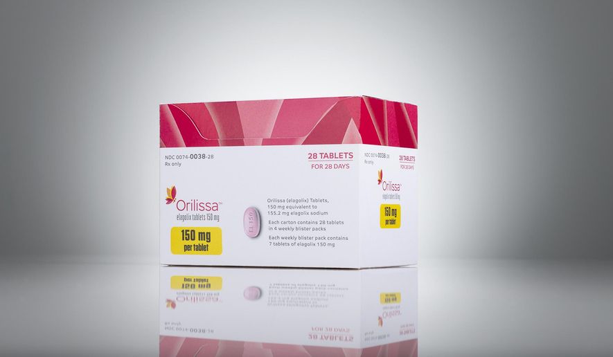 This undated image provided by AbbVie in July 2018 shows packaging for the company&#39;s drug Orilissa (elagolix). On Tuesday, July 24, 2018, the company said that The Food and Drug Administration approved its the drug for pain during menstruation and at other times. (AbbVie via AP)