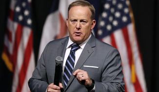 Former White House press secretary Sean Spicer speaks during the Republican Party of Iowa&#x27;s annual Reagan Dinner in Des Moines, Iowa. (AP Photo/Charlie Neibergall, File)