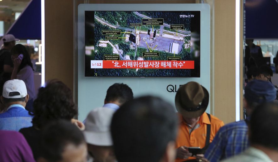 A TV screen shows a satellite image of North Korea&#x27;s Sohae launch site, during a news program at the Seoul Railway Station in Seoul, South Kore, Tuesday, July 24, 2018. A U.S. research group says North Korea has started dismantling key facilities at its main satellite launch site in what appears to be a step toward fulfilling a commitment made by leader Kim Jong-un at his summit with President Donald Trump in June. The signs read: &amp;quot;North Korea begins dismantling satellite launch site.&amp;quot; (AP Photo/Ahn Young-joon)