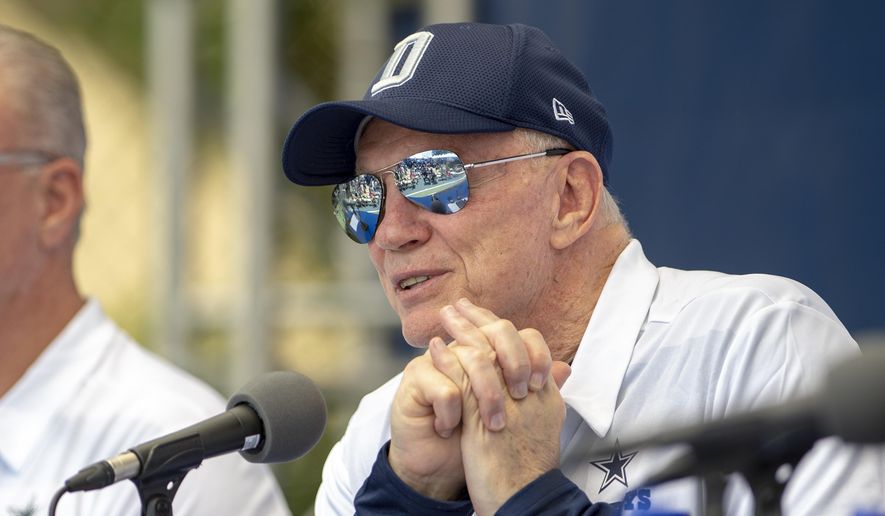 Dallas Cowboys owner Jerry Jones takes questions during the &amp;quot;state of the team&amp;quot; press conference at the start of the team&#39;s NFL training camp, Wednesday, July 25, 2018, in Oxnard, Calif. (AP Photo/Gus Ruelas)