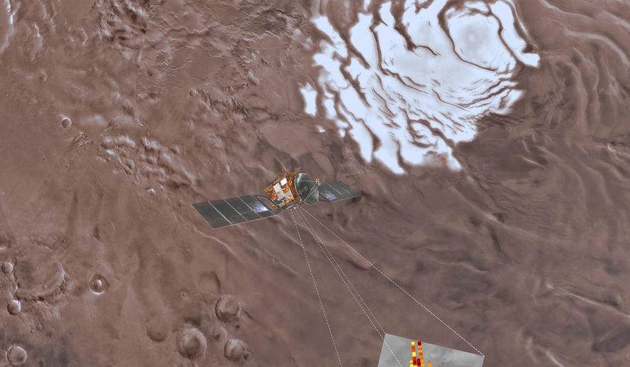 This image provided by the ESA/INAF shows an artist's rendering of the Mars Express spacecraft probing the southern hemisphere of Mars. At upper right is the planet's southern ice cap. The inset image at lower right shows the area where radar readings were made. The blue triangle indicates an area of very high reflectivity, interpreted as being caused by the presence of a reservoir of water, about a mile below the surface. (Davide Coero Borga/INAF/ESA via AP)