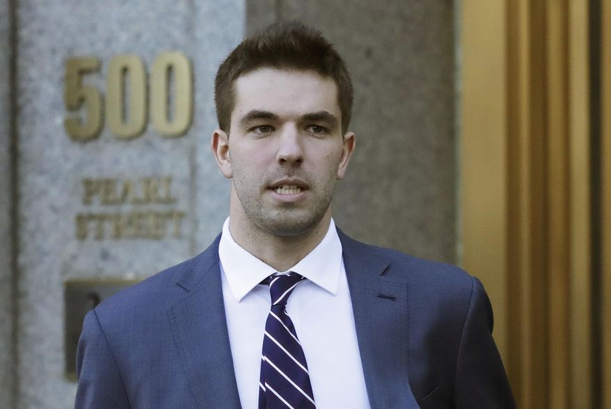 FILE - In this March 6, 2018 file photo, Billy McFarland, the promoter of the failed Fyre Festival in the Bahamas, leaves federal court after pleading guilty to wire fraud charges in New York. McFarland pleaded guilty, Thursday, July 26 to new fraud charges that could result in a prison sentence of over a decade. The plea from McFarland brought a speedy end to his prosecution for a set of new crimes that ensure he’ll spend more time in prison than if he had only been convicted of crimes related to the botched 2017 Fyre Festival on the Bahamian island of Exuma.(AP Photo/Mark Lennihan, File)