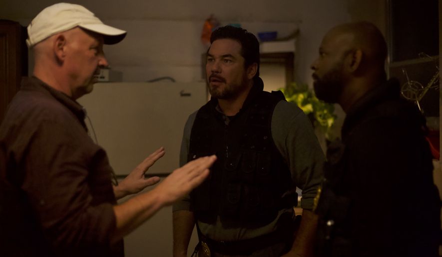 Nick Searcy discussing scene with Dean Cain and Alfonzo Rachel on the set of Gosnell gosnellmovie.com