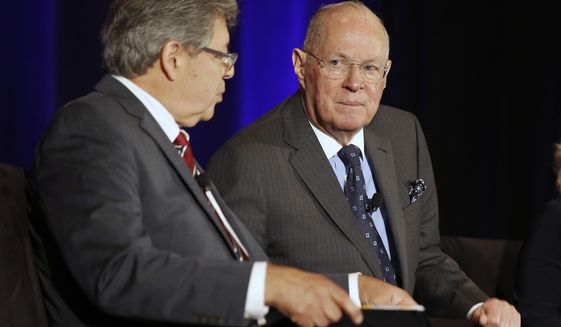 Retiring U.S. Supreme Court Justice Anthony Kennedy, right, takes a question from District Judge Edward J. Davila, left, during the Ninth Circuit Judicial Conference in Anaheim, Calif., Thursday, July 26, 2018. Kennedy announced his retirement in June saying he wants to spend more time with his family. He has been in recent years the Supreme Court&#39;s decisive vote in contentious cases on issues such as gay rights and abortion. (AP Photo/Alex Gallardo)