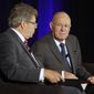 Retiring U.S. Supreme Court Justice Anthony Kennedy, right, takes a question from District Judge Edward J. Davila, left, during the Ninth Circuit Judicial Conference in Anaheim, Calif., Thursday, July 26, 2018. Kennedy announced his retirement in June saying he wants to spend more time with his family. He has been in recent years the Supreme Court&#x27;s decisive vote in contentious cases on issues such as gay rights and abortion. (AP Photo/Alex Gallardo)