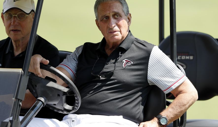 Atlanta Falcons owner Arthur Blank watches an NFL football training camp practice in Flowery Branch, Ga., Friday, July 27, 2018. Blank believes players should have the right to speak out on important issues even though he is not expecting national anthem protests from his players this season. (AP Photo/David Goldman)