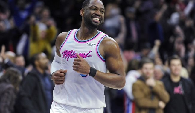 FILE - In this Feb. 14, 2018, file photo, Miami Heat&#x27;s Dwyane Wade (3) is seen during an NBA basketball game against the Philadelphia 76ers, Wednesday, in Philadelphia. Heat President Pat Riley said Friday, July 27 2018, that he will have talks with managing general partner Micky Arison in the coming days about Wade&#x27;s future.   (AP Photo/Michael Perez, File)