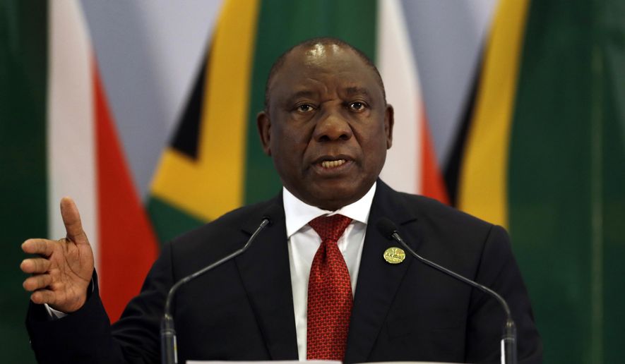 South African President Cyril Ramaphosa addresses a media conference at the end of the BRICS Summit in Johannesburg, South Africa, Friday, July 27, 2018. (AP Photo/Themba Hadebe, Pool)
