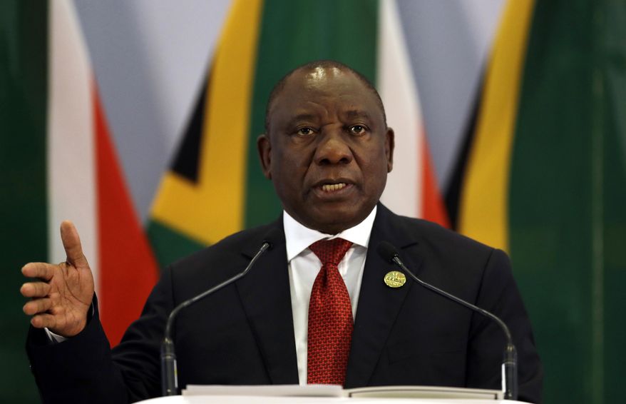 South African President Cyril Ramaphosa addresses a media conference at the end of the BRICS Summit in Johannesburg, South Africa, Friday, July 27, 2018. (AP Photo/Themba Hadebe, Pool)