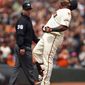 San Francisco Giants&#39; Pablo Sandoval celebrates after hitting a two run triple against the Milwaukee Brewers in the fifth inning of a baseball game Sunday, July 29, 2018, in San Francisco. (AP Photo/Ben Margot)